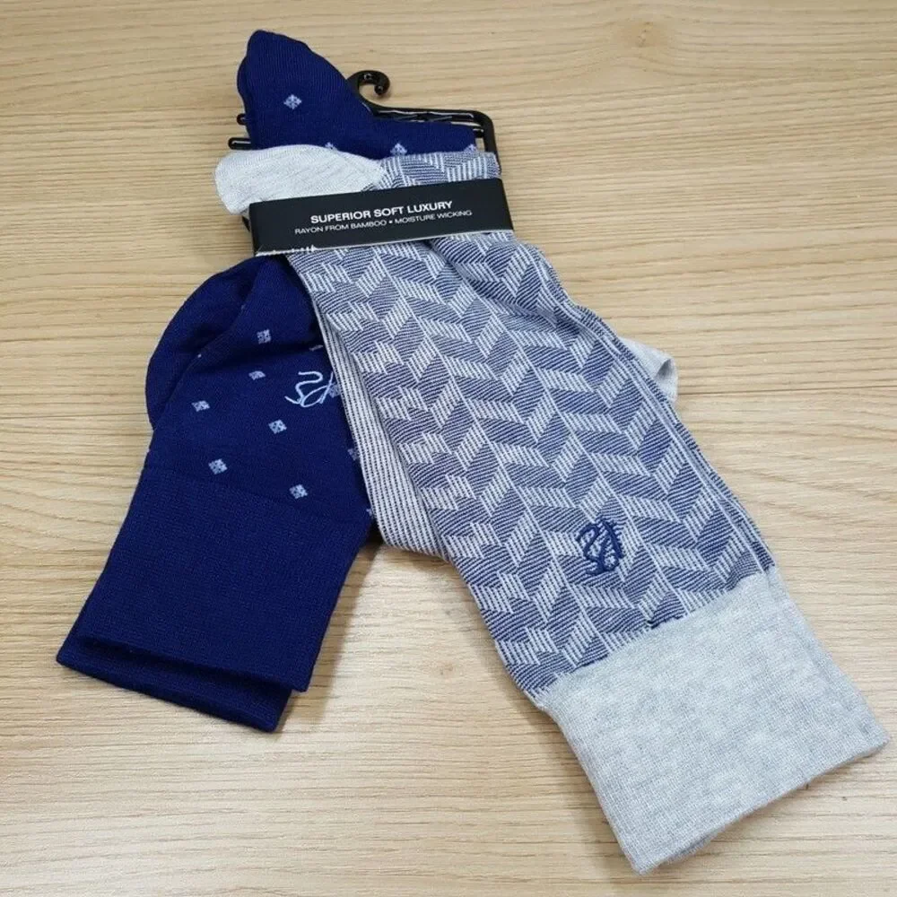 PERRY ELLIS Crew Dress Socks Mens 2-Pack Blue Gray Diamond Stripe Cotton Knit